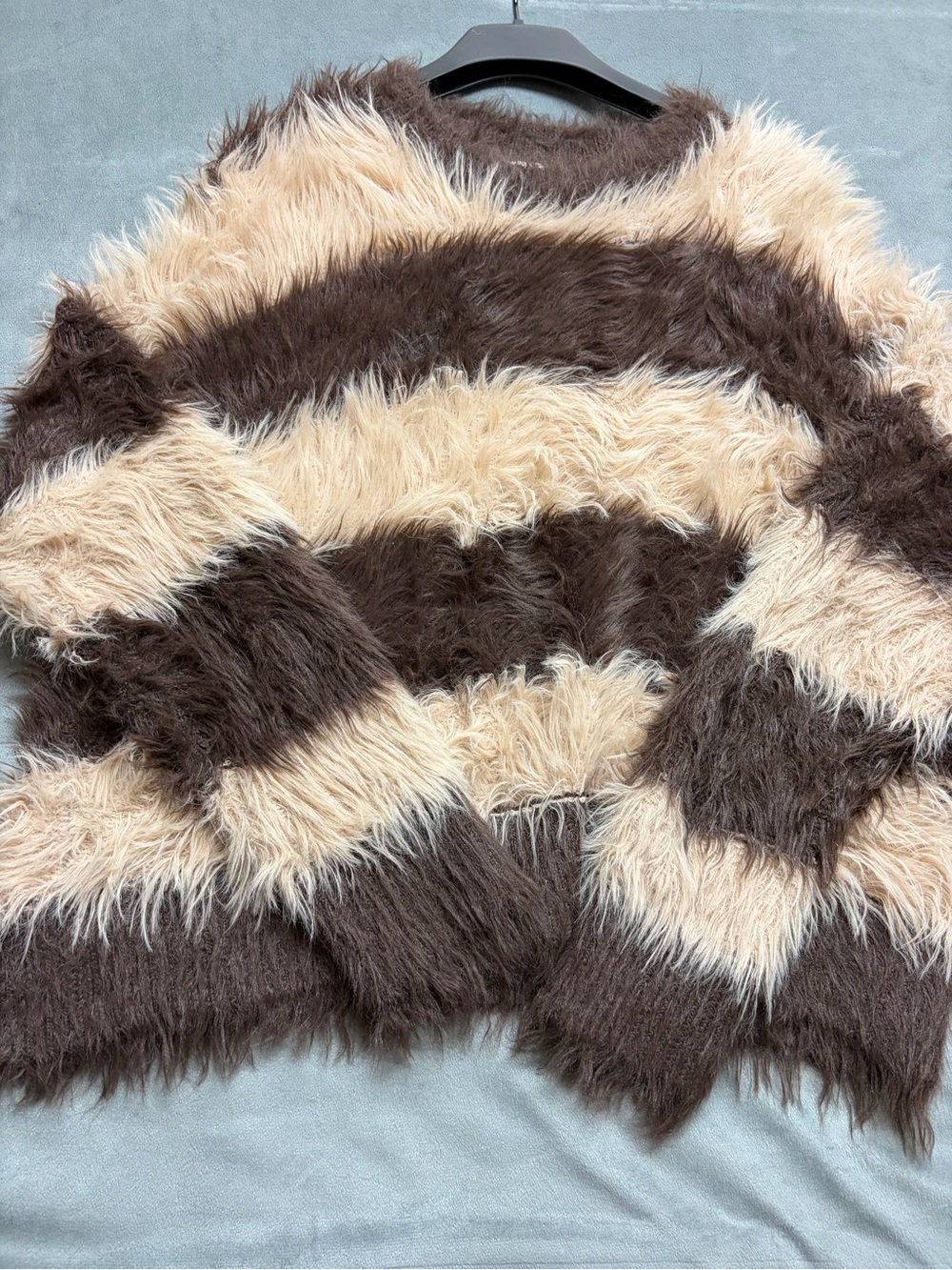 Topshop Womens M Shaggy Fuzzy Sweater Brown Cream Stripe Fluffy Y2K Oversized - Picture 4 of 15